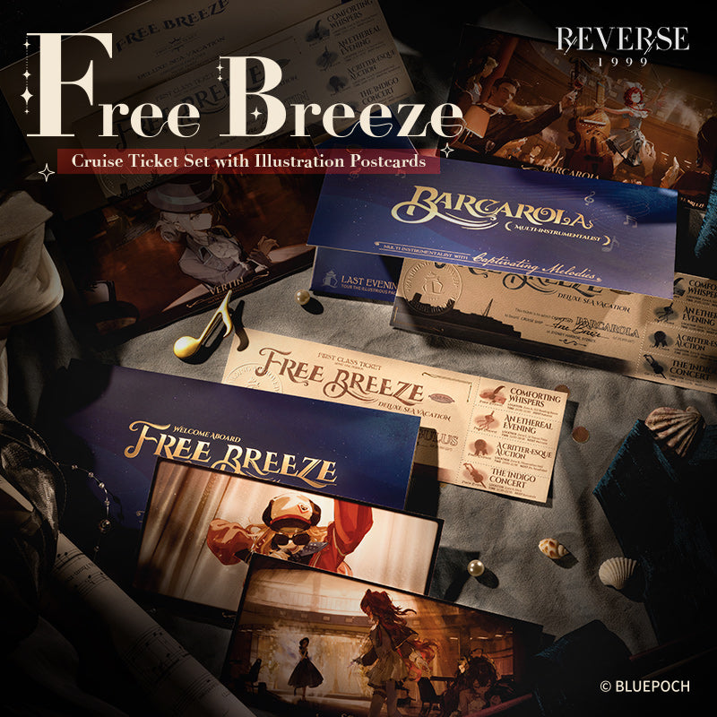 Reverse: 1999 "Free Breeze" Cruise Ticket Set with Illustration Postcards